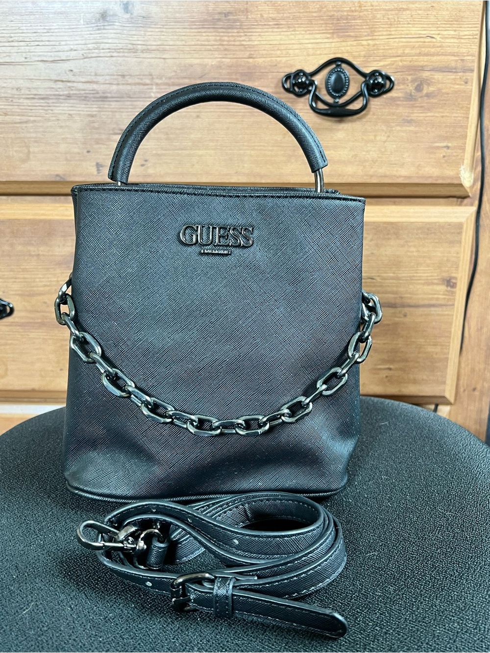 GUESS Black Mini Top-Handle Bag with Chain Accent